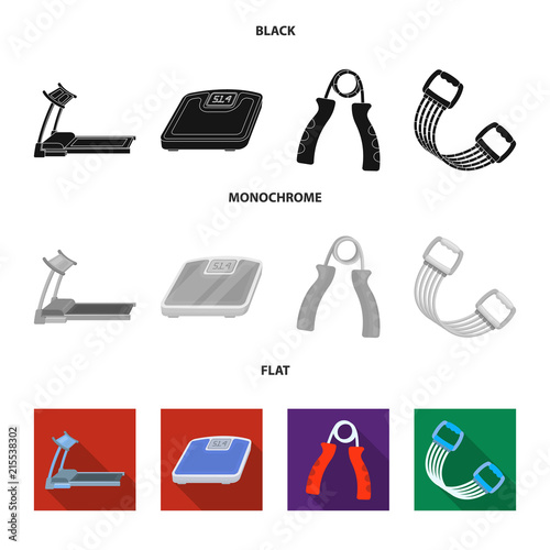 Treadmill, scales, expander and other equipment for training.Gym and workout set collection icons in black, flat, monochrome style vector symbol stock illustration web.