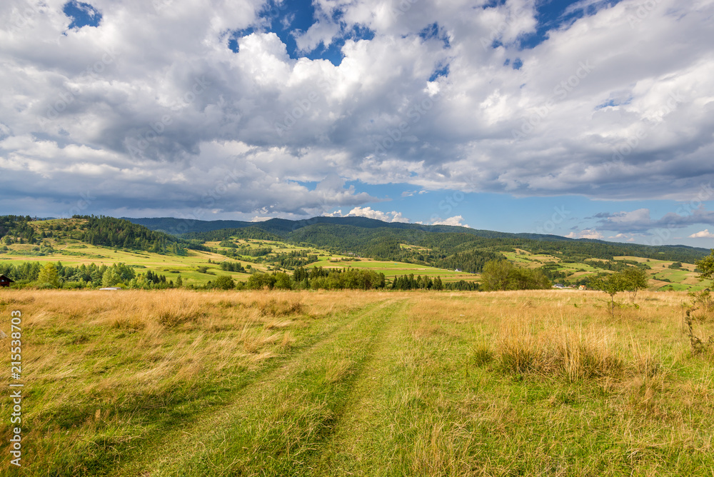Rural scenery. Fields, mountains and clouds on the sky. Pieniny National Park. Malopolska, Poland.