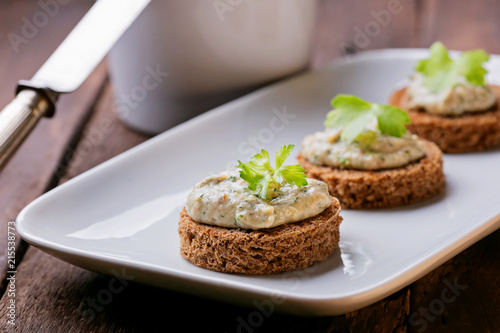 Canape with fish pate of mackerel , top view