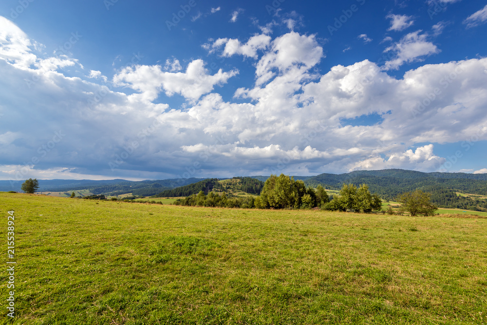 Obraz premium Rural scenery. Fields, mountains and clouds on the sky. Pieniny National Park. Malopolska, Poland.