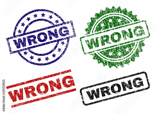 WRONG seal prints with corroded style. Black, green,red,blue vector rubber prints of WRONG label with corroded texture. Rubber seals with circle, rectangle, medallion shapes.