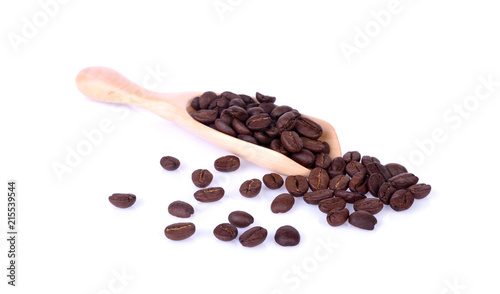 coffee bean in wooden spoon on white background.