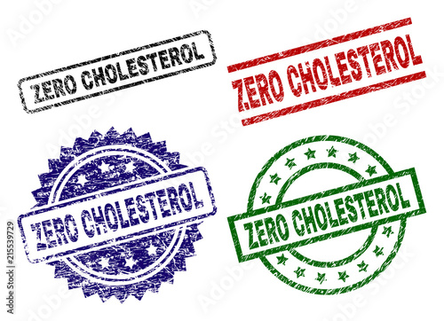 ZERO CHOLESTEROL seal imprints with corroded texture. Black, green,red,blue vector rubber prints of ZERO CHOLESTEROL text with corroded texture. Rubber seals with round, rectangle, medal shapes.