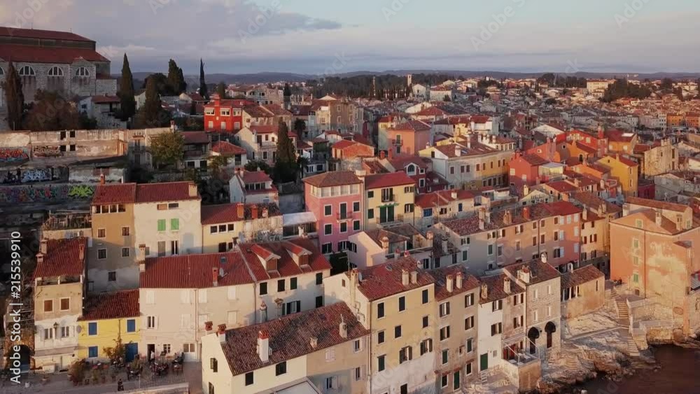 Evening flight around old town Rovinj, Istria, Croatia Evening flight around old town Rovinj, Istria, Croatia