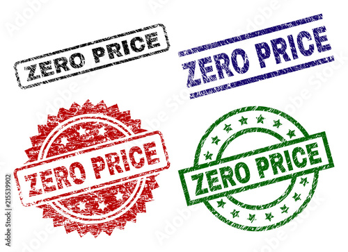 ZERO PRICE seal prints with damaged surface. Black, green,red,blue vector rubber prints of ZERO PRICE caption with grunge surface. Rubber seals with circle, rectangle, medal shapes.