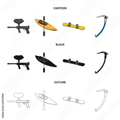 Paintball marker, kayak with a paddle, snowboard and climbing ice ax.Extreme sport set collection icons in cartoon,black,outline style vector symbol stock illustration web.