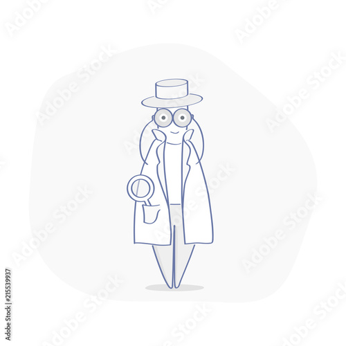 Espionage, Shadowing. Spy, Agent, Inspector, Investigator, Detective character in cute hat with binoculars and magnifying glass, sleuthing, disguising, investigate