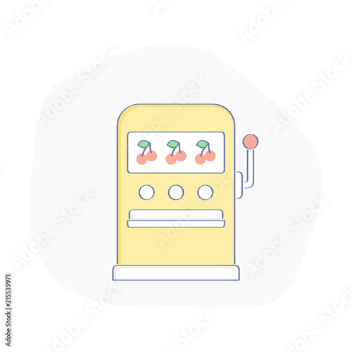 Casino slot machines, one arm bandit casino with three cherries isolated on white background. Jackpot, luck, fortune, gambling symbol concept. Flat outline icon slot machine where the jackpot falls.