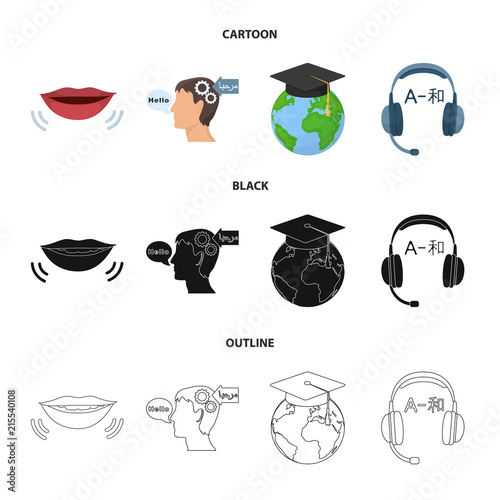 The mouth of the person speaking, the person head translating the text, the globe with the master cap, the headphones with the translation. Interpreter and translator set collection icons in cartoon