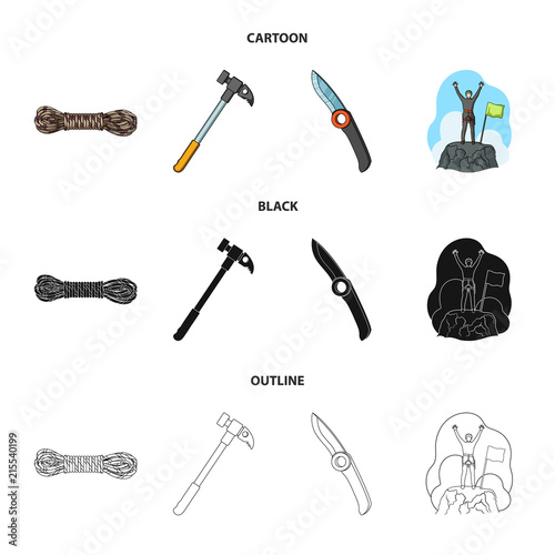 Climber on conquered top, coil of rope, knife, hammer.Mountaineering set collection icons in cartoon,black,outline style vector symbol stock illustration web.