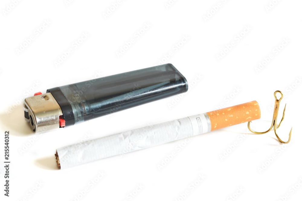 Cigarette caught on a triple fishing hook next transparent plastic gas lighter. Isolated. White background Cigarette caught on a triple fishing hook next transparent plastic gas lighter. Isolated. White background