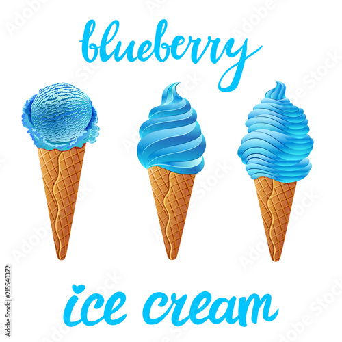 vector Set of blue ice cream blueberry with of different shapes in a cup on transparent background lettering hand made text