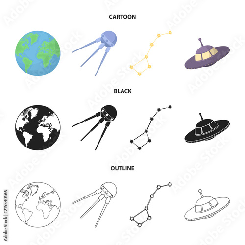 Planet Earth with continents and oceans, flying satellite, Ursa Major, UFO. Space set collection icons in cartoon,black,outline style vector symbol stock illustration web.