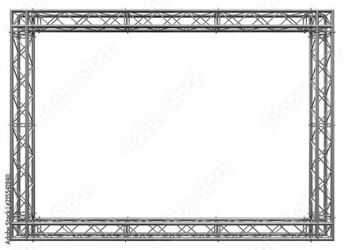 Decorative frame. 3D rendering. Glossy metal spatial construction in the form of a rectangle, assembled from tubular trusses with flanges, connected with bolts and nuts. Isolated on white. photo