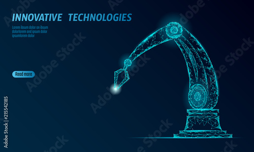 Robot arm low poly manipulator. Part construct assembly triangle shape. Polygonal connected dots 3D render robotic artificial machinery innovation technology hand vector illustration