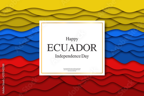 Vector realistic isolated greeting card for Happy Ecuador Independence day for decoration and covering on the papercut flag background.