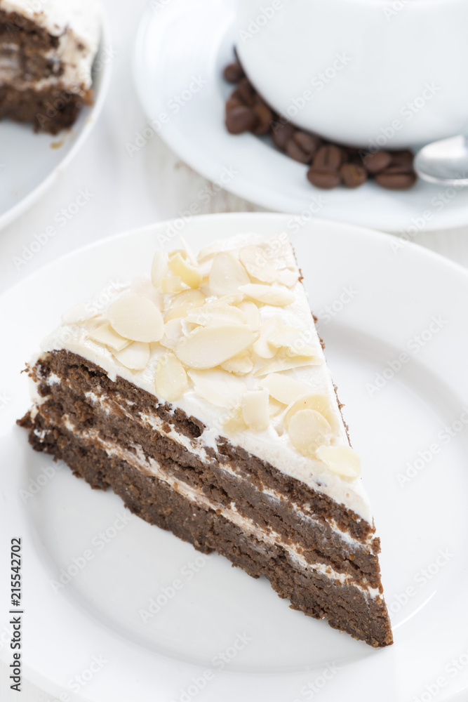 piece of chocolate cake with cream, close-up piece of chocolate cake with cream, close-up