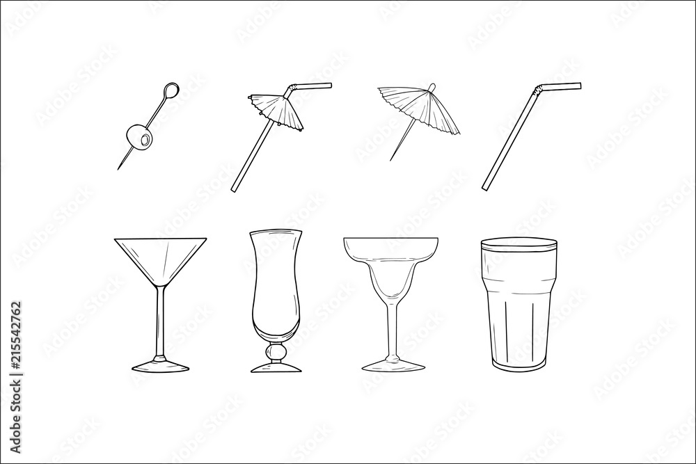 Set of hand sketched cocktail glasses and cocktail umbrella, straw and olive. Collection made for web design, menu, bar, restaurant, shop, logo, print. Each element on a separate layer. Vector. Set of hand sketched cocktail glasses and cocktail umbrella, straw and olive. Collection made for web design, menu, bar, restaurant, shop, logo, print. Each element on a separate layer. Vector.