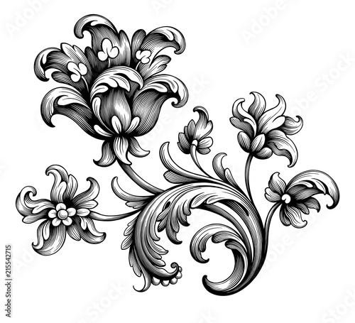 Tulip peony flower vintage Baroque Victorian frame border floral ornament leaf scroll engraved retro pattern decorative design tattoo black and white filigree calligraphic vector