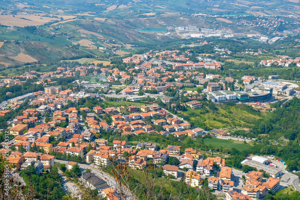 Beautiful view of the small European city from above. Italy, San Marino.
