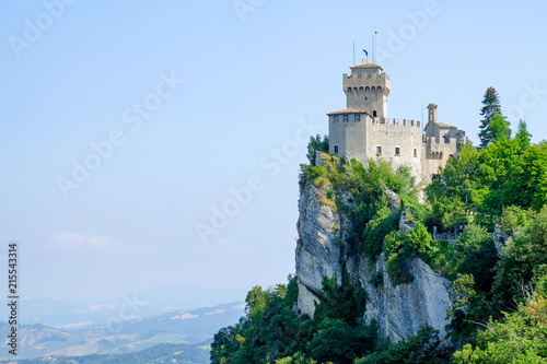 Beautiful view of the European castle against the blue sky. Italy, San Marino.