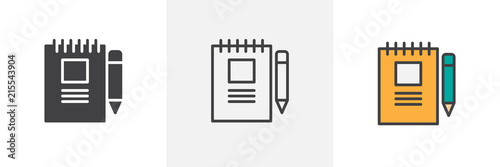 Notebook and pen icon. Line, solid and filled outline colorful version, outline and filled vector sign. Symbol, logo illustration. Different style icons set. Pixel perfect vector graphics