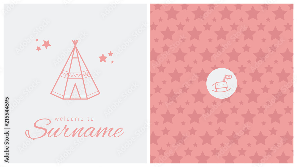 faire-part de naissance, carte pour célébrer l'arrivée d'un bébé, tipi, indien, cheval à bascule, jouet