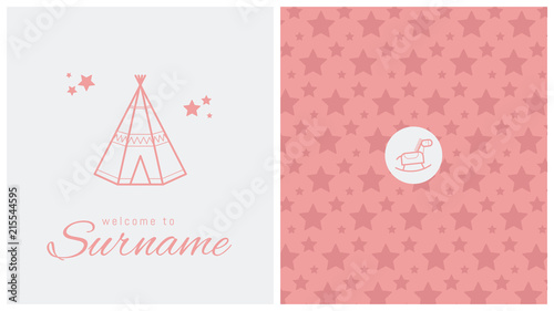 faire-part de naissance, carte pour célébrer l'arrivée d'un bébé, tipi, indien, cheval à bascule, jouet
