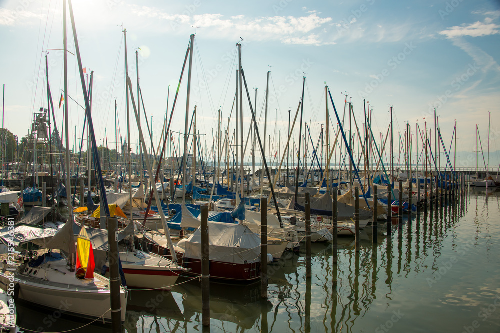View into the marina of Friedrichshafen at Lake Constance with its many sailing yachts