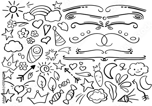 Black and white doodle borders. Handdrawn vector clipart. Funny doodle set in freehand style.