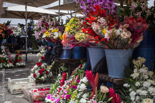 Colorful exotic flowers on sale in plant pots at a flower market in Cuenca, Ecuador