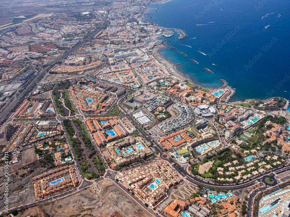 Aerial view of the south side of the Tenerife Island, including playa de las americas