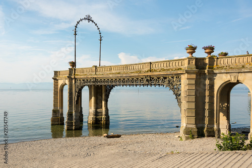 View of the pier with viewing platform from the castle to the water of Lake Constance in Friedrichshafen