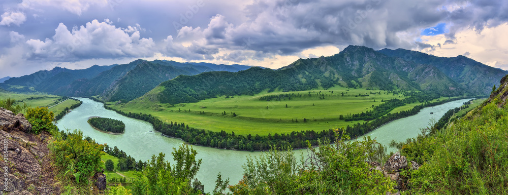 Panoramic view of turquoise mountain river Katun, Altai mountains, Russia