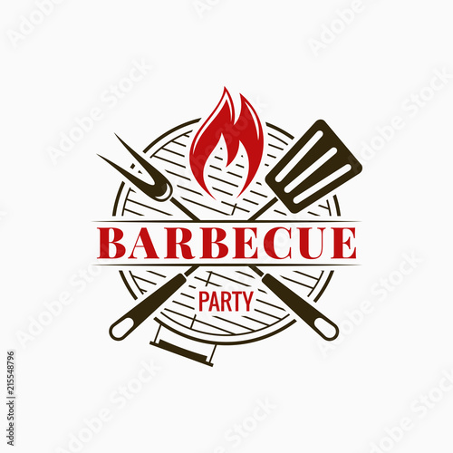 Barbecue grill logo. Bbq party with fire flame on white background