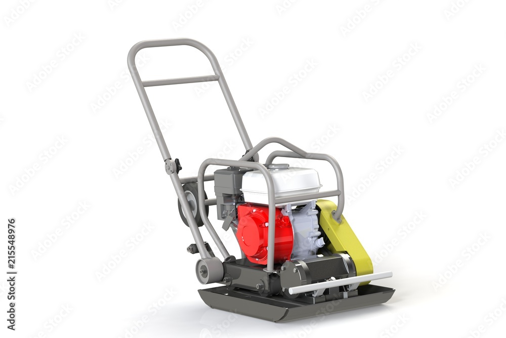 3D modeling of a construction vibration plate with a two-stroke internal combustion engine. 3D modeling of a construction vibration plate with a two-stroke internal combustion engine.