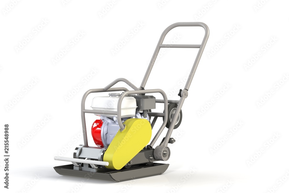 3D modeling of a construction vibration plate with a two-stroke internal combustion engine.