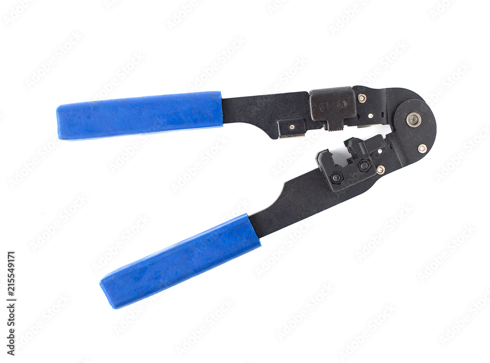Tool for crimping and stripping of connectors, network cable, close-up, isolate Tool for crimping and stripping of connectors, network cable, close-up, isolate