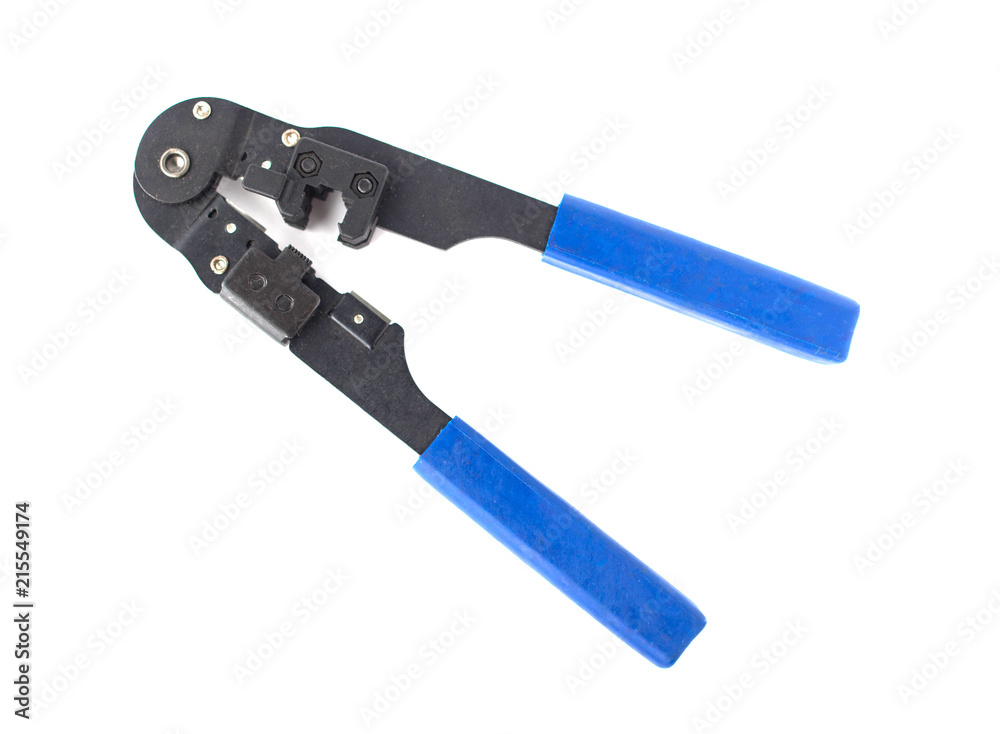 Tool for crimping and stripping of connectors, network cable, close-up, isolate Tool for crimping and stripping of connectors, network cable, close-up, isolate