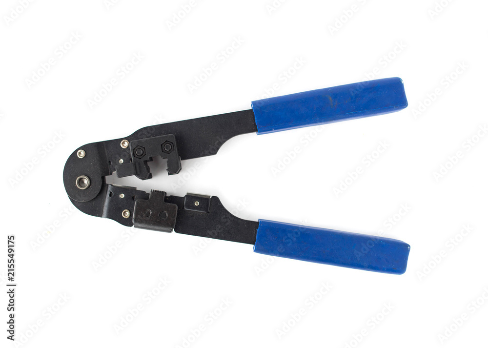 Tool for crimping and stripping of connectors, network cable, close-up, isolate Tool for crimping and stripping of connectors, network cable, close-up, isolate