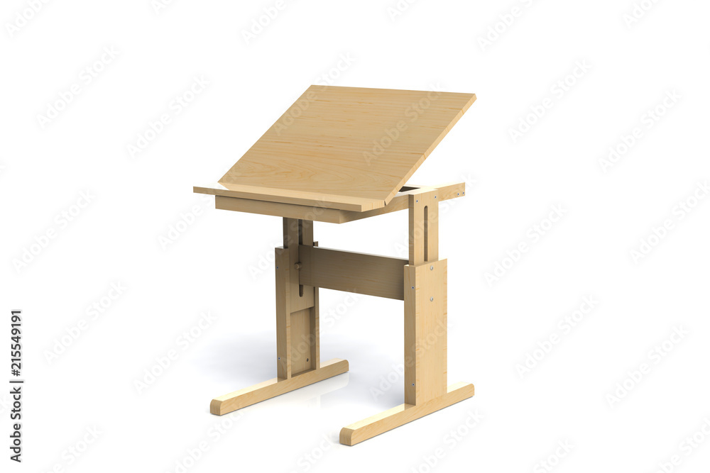 Children's small wooden table. School desk with adjustable height on a white background. Isolated. Children's small wooden table. School desk with adjustable height on a white background. Isolated.