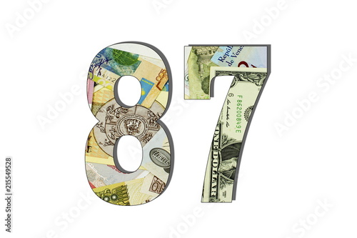 87 Number Different Worlds Banknotes. Background for business. Money concept. White isolated