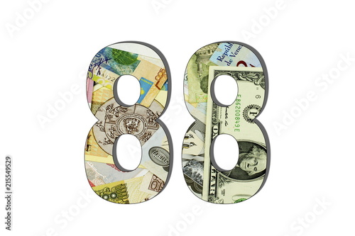 88 Number Different Worlds Banknotes. Background for business. Money concept. White isolated