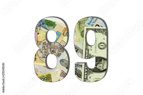 89 Number Different Worlds Banknotes. Background for business. Money concept. White isolated