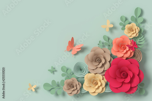 Fototapeta Naklejka Na Ścianę i Meble -  Flower paper style, colorful rose, paper craft floral, Butterfly paper fly, 3d rendering, with clipping path.