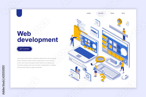 Web development modern flat design isometric concept. Developer and people concept. Landing page template. Conceptual isometric vector illustration for web and graphic design.