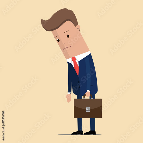 Sad businessman with case. Businessman sad tired disappointed concept. Vector illustration