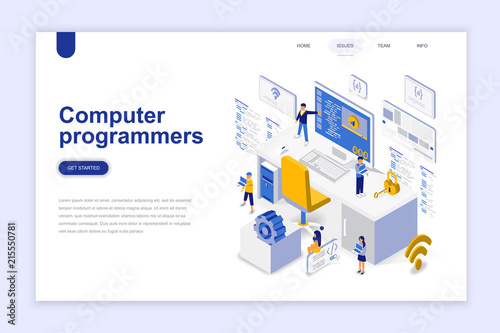 Computer programmers modern flat design isometric concept. Software development and people concept. Landing page template. Conceptual isometric vector illustration for web and graphic design.