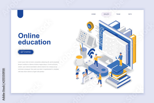 Online education modern flat design isometric concept. Learning and people concept. Landing page template. Conceptual isometric vector illustration for web and graphic design.