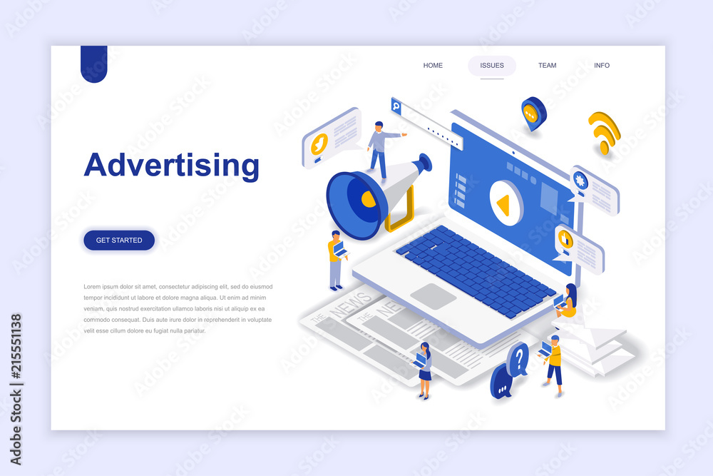 Advertising and promo modern flat design isometric concept. Advertisement and people concept. Landing page template. Conceptual isometric vector illustration for web and graphic design.